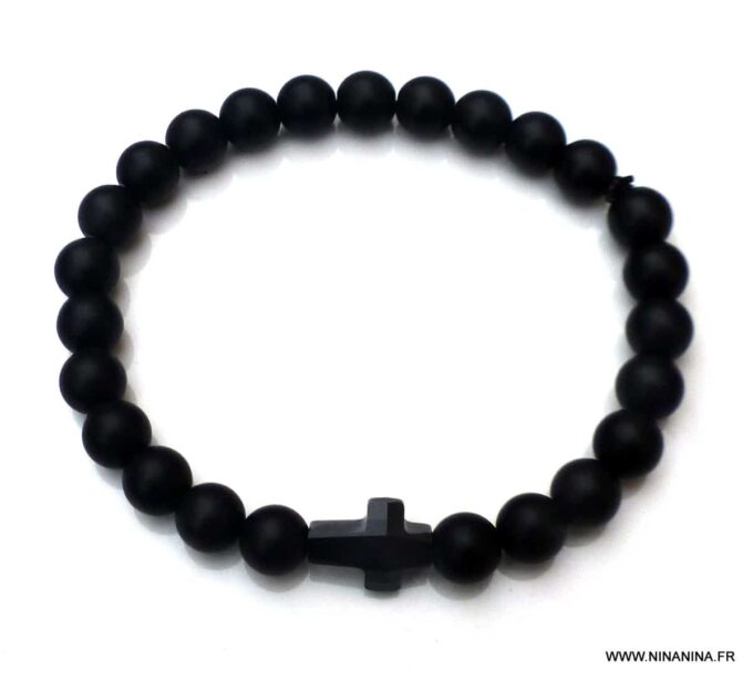 N6536g Bracelet croix Swarovski homme perles onyx noir - Bijoux Bracelets en ligne Ninanina