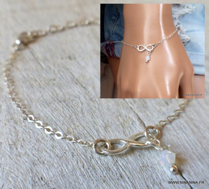 N6547a Bracelet swarovski infini argent 925 massif perles blanches - Bijoux Bracelets en ligne Ninanina