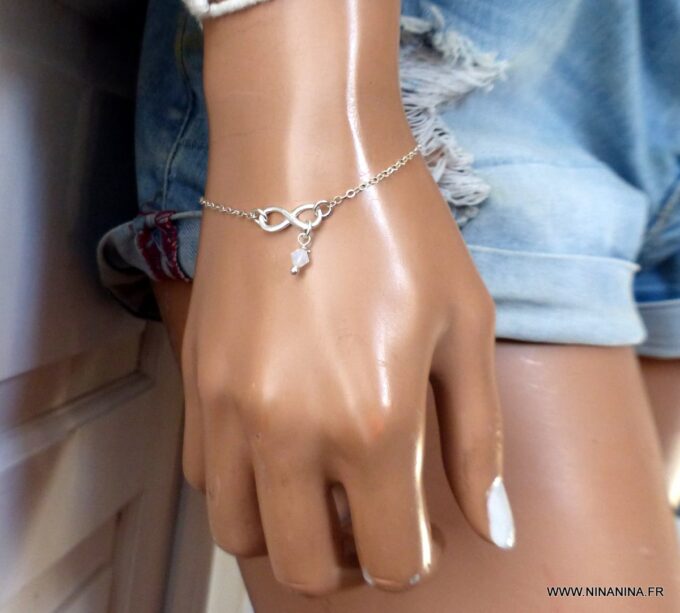 N6547e Bracelet swarovski infini argent 925 massif perles blanches - Bijoux Bracelets en ligne Ninanina