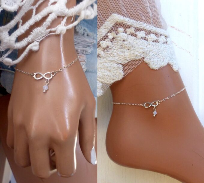 N6547f Bracelet swarovski infini argent 925 massif perles blanches - Bijoux Bracelets en ligne Ninanina