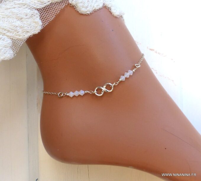 N6551 Chaine cheville swarovski perles blanches symbole infini argent - Bijoux Chaines en ligne Ninanina