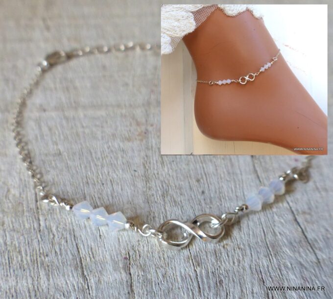 N6551a Chaine cheville swarovski perles blanches symbole infini argent - Bijoux Chaines en ligne Ninanina