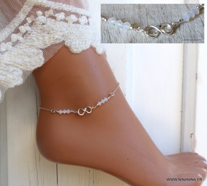 N6551b Chaine cheville swarovski perles blanches symbole infini argent - Bijoux Chaines en ligne Ninanina