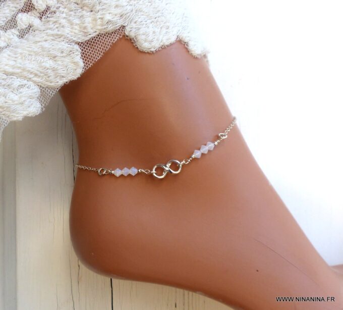 N6551c Chaine cheville swarovski perles blanches symbole infini argent - Bijoux Chaines en ligne Ninanina