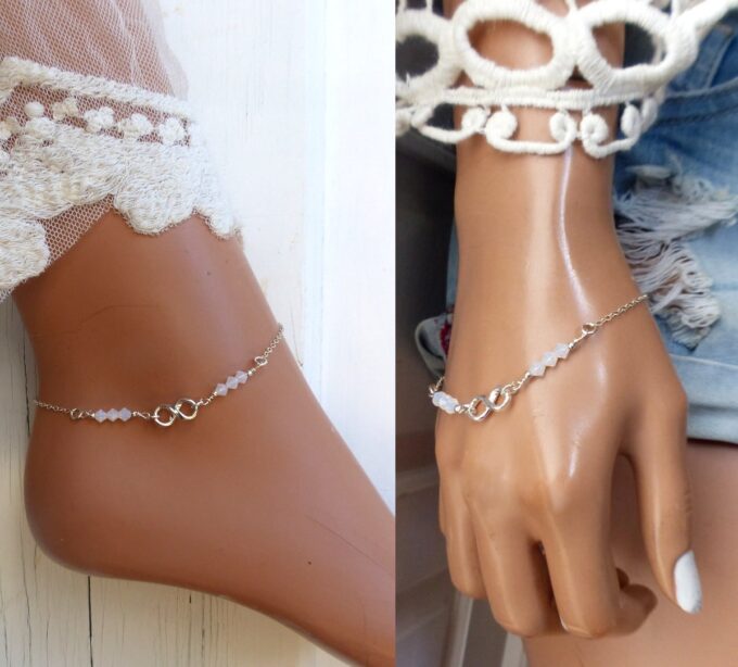 N6551d Chaine cheville swarovski perles blanches symbole infini argent - Bijoux Chaines en ligne Ninanina