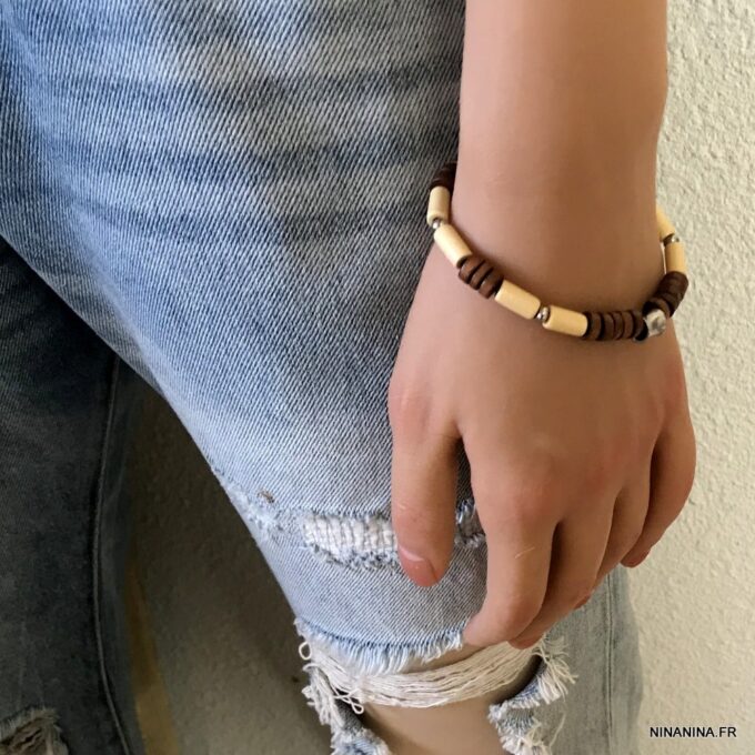 N6531 Bracelet homme ethnique perles bois et Acier inoxydable - Bijoux Bracelets en ligne Ninanina