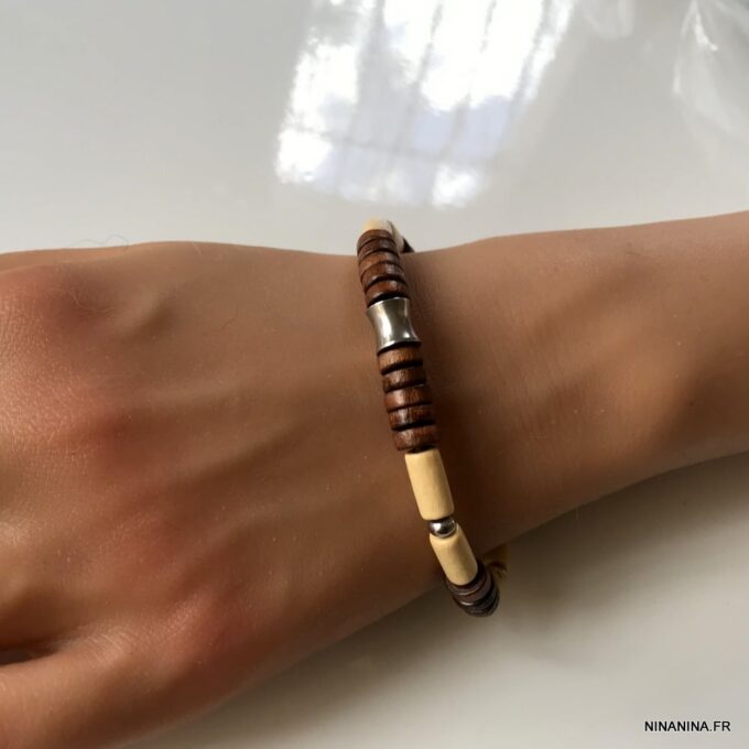 N6531a Bracelet homme ethnique perles bois et Acier inoxydable - Bijoux Bracelets en ligne Ninanina