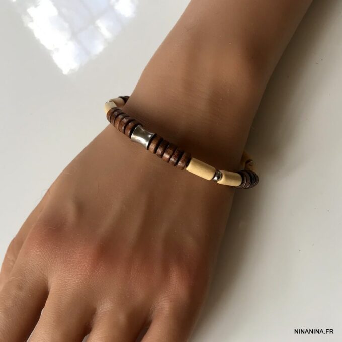 N6531c Bracelet homme ethnique perles bois et Acier inoxydable - Bijoux Bracelets en ligne Ninanina