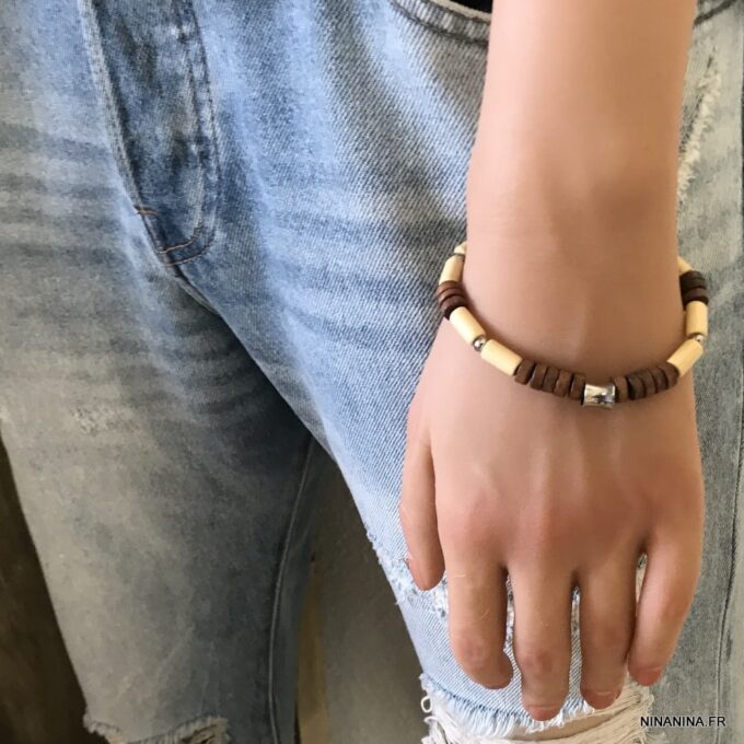 N6531d Bracelet homme ethnique perles bois et Acier inoxydable - Bijoux Bracelets en ligne Ninanina