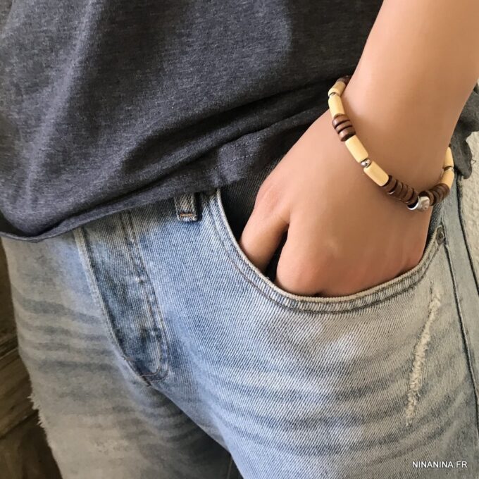 N6531e Bracelet homme ethnique perles bois et Acier inoxydable - Bijoux Bracelets en ligne Ninanina