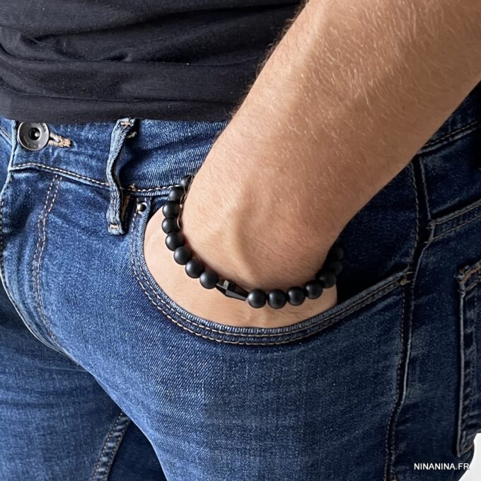 N6536n Bracelet croix Swarovski homme perles onyx noir - Bijoux Bracelets en ligne Ninanina