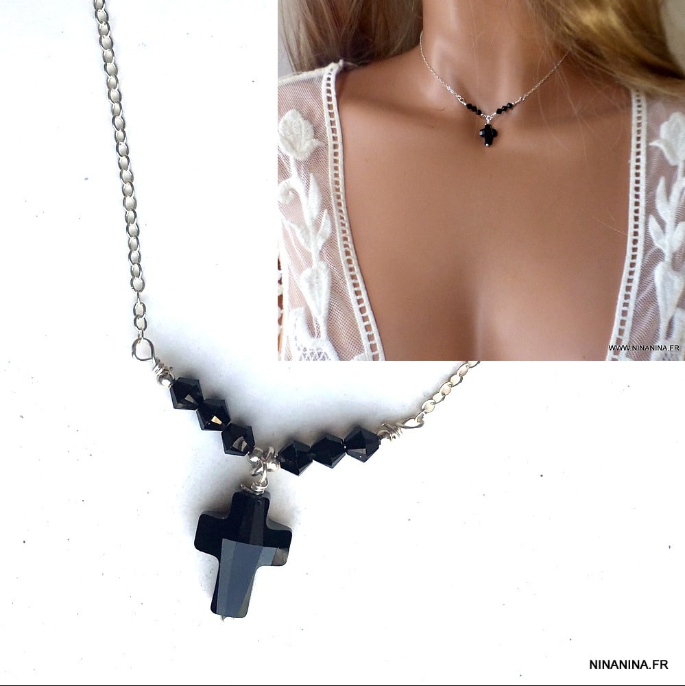 Collier croix femme swarovski argent 925 perles noires - Ninanina