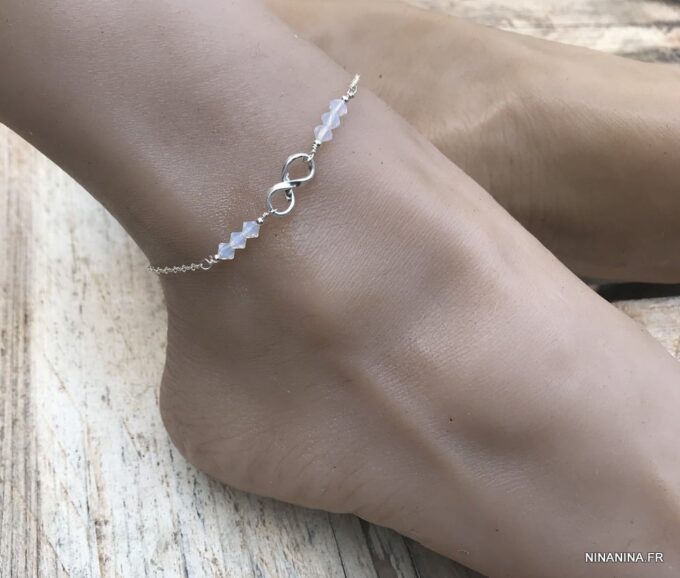 N6551a Chaine cheville swarovski perles blanches symbole infini argent 925 - Bijoux de pied en ligne Ninanina