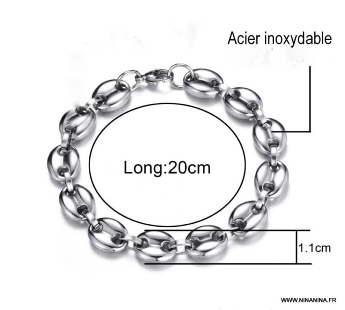 N6556a Bracelet graine de café homme acier inoxydable argenté - Bijoux Bracelets en ligne Ninanina