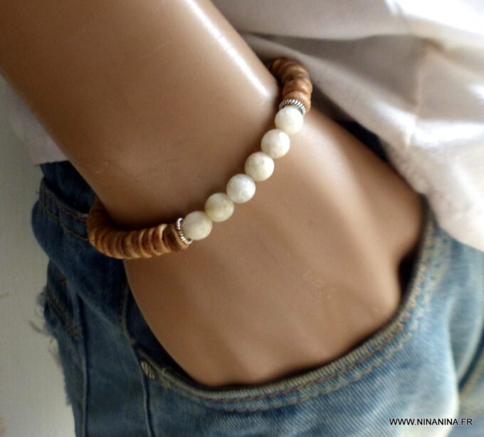N6558b bracelet pierre de lune homme et rondelles coco - Bijoux Bracelets en ligne Ninanina
