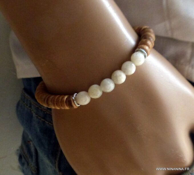 N6558f bracelet pierre de lune homme et rondelles coco - Bijoux Bracelets en ligne Ninanina