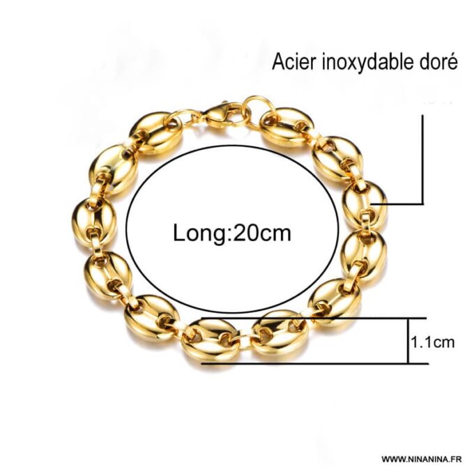 N6568a bracelet maille grain de café acier inoxydable doré - Bijoux bracelets en ligne Ninanina