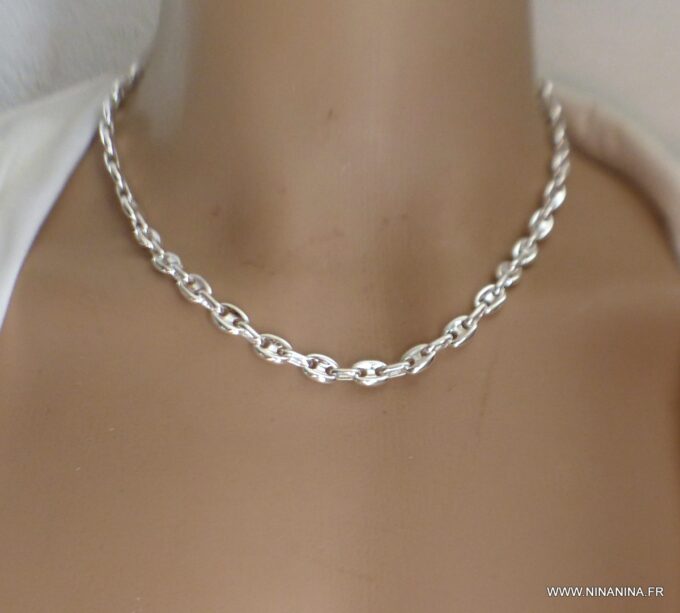 N6574 chaine grain de café argent plaqué pour homme - Bijoux Chaines en ligne Ninanina