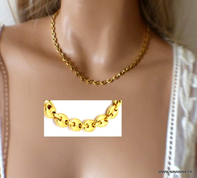 N6578 chaine grain de café femme acier inoxydable doré - Bijoux chaines en ligne Ninanina