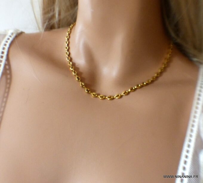 N6578d chaine grain de café femme acier inoxydable doré - Bijoux chaines en ligne Ninanina