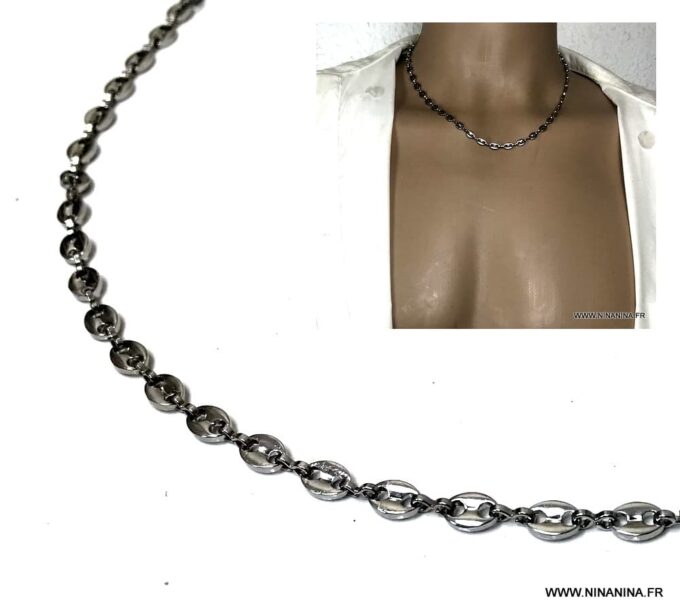 Collier Chaîne En Acier Inoxydable Argenté - Maillons Grain De Café 0,6 Cm, Neuf Avec étiquettes