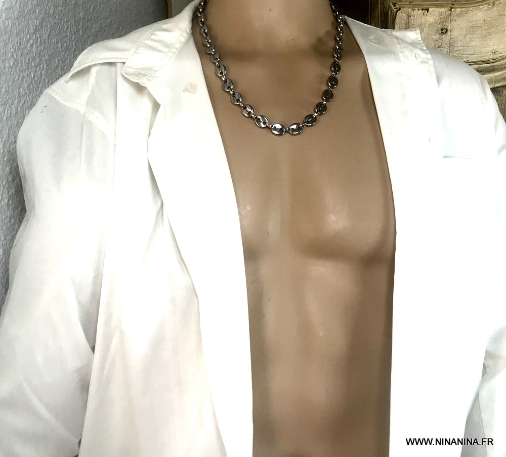 Collier Chaîne En Acier Inoxydable Argenté - Maillons Grain De Café 0,6 Cm, Neuf Avec étiquettes