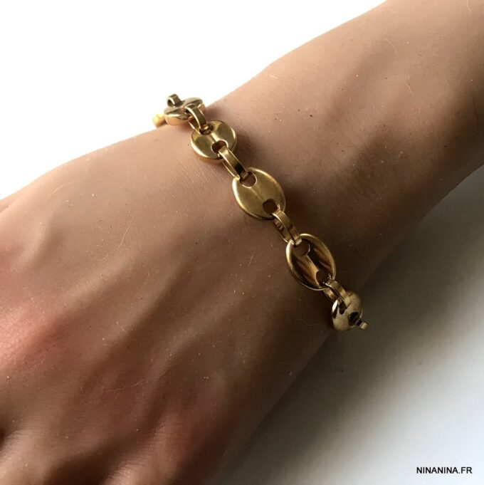N6568c Bracelet maille grain de café homme acier inoxydable doré - Bijoux bracelets en ligne Ninanina