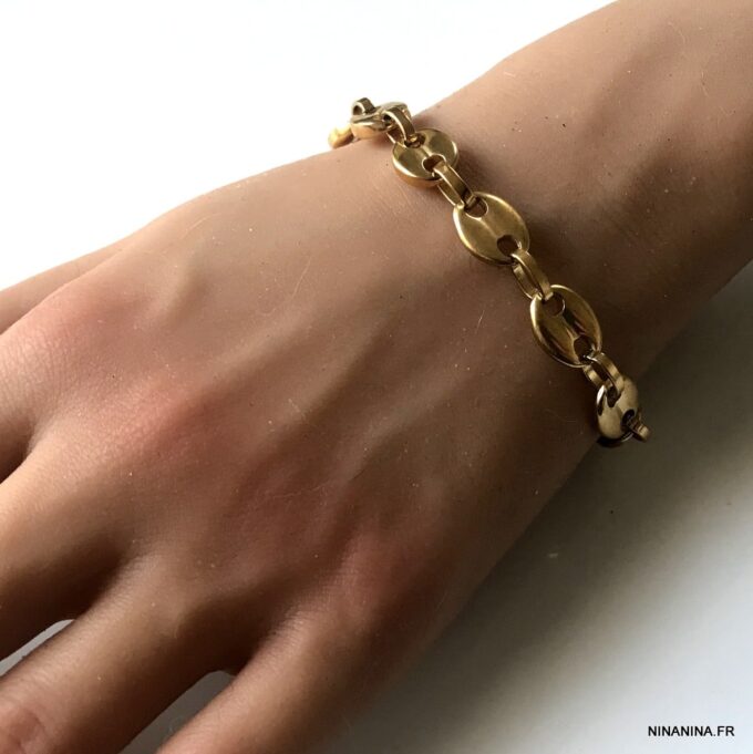 N6568e Bracelet maille grain de café homme acier inoxydable doré - Bijoux bracelets en ligne Ninanina