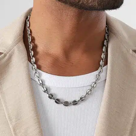 N6571b Chaine grain de café homme Acier chirurgical argenté maillons 8mm - Bijoux Colliers hommes en ligne Ninanina