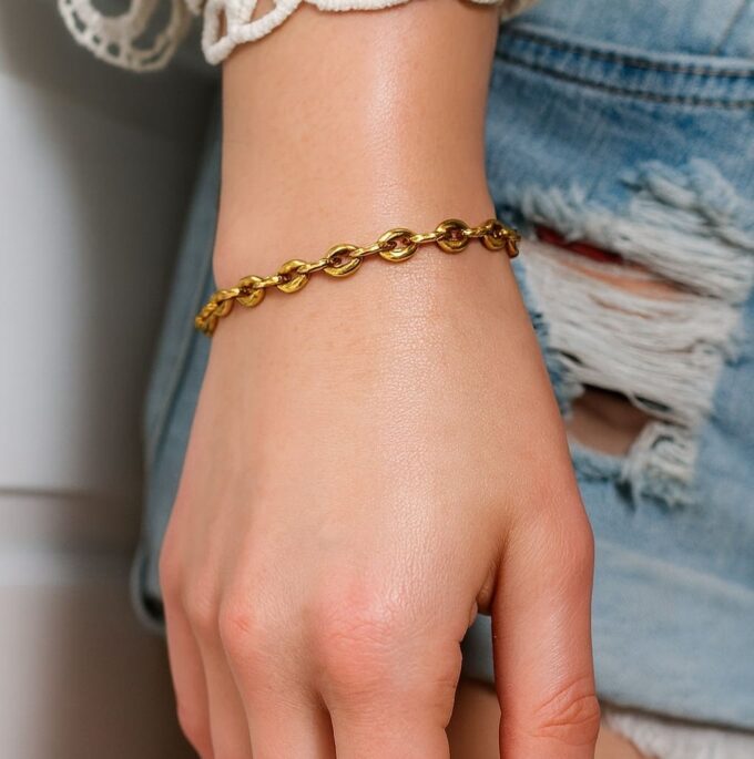 N6580b Bracelet grain de café pas cher artisanal pour femme ou homme en acier inoxydable doré - Bijoux Bracelets en ligne Ninanina