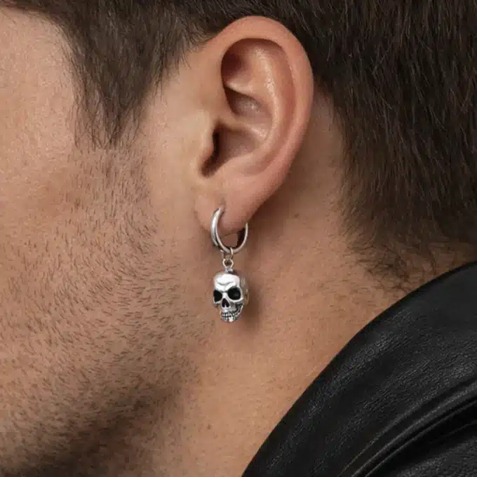 N8604 Boucle d'oreille tete de mort argent 925 - Creole Homme Pendentif skull Artisanale - Bijoux Boucles d'oreilles hommes en ligne Ninanina