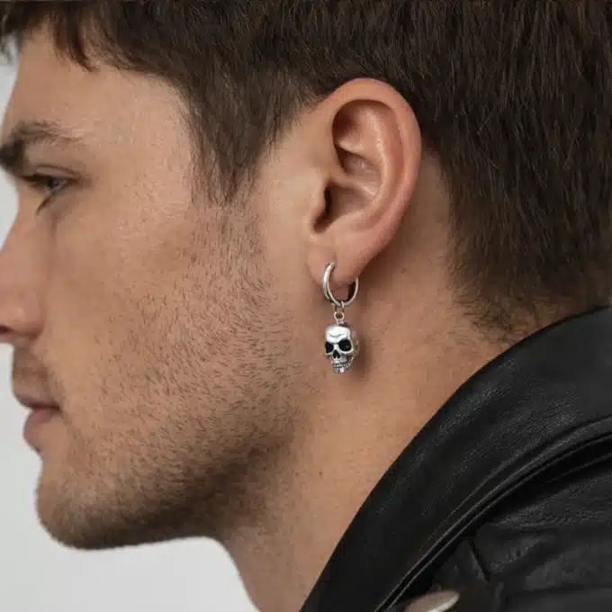 N8604d Boucle d'oreille tete de mort argent 925 - Creole Homme Pendentif skull Artisanale - Bijoux Boucles d'oreilles hommes en ligne Ninanina