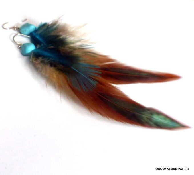 N4596a Boucles d oreilles plumes argent et turquoise naturelle - Bijoux Boucles d oreilles en ligne Ninanina