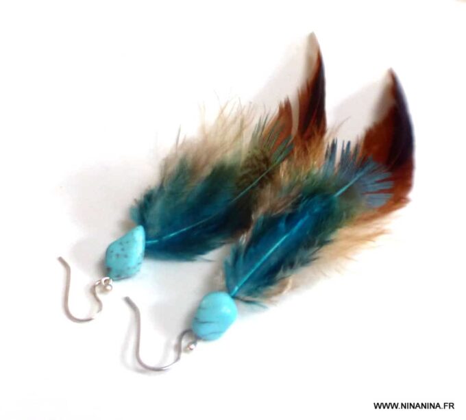 N4596b Boucles d oreilles plumes argent et turquoise naturelle - Bijoux Boucles d oreilles en ligne Ninanina