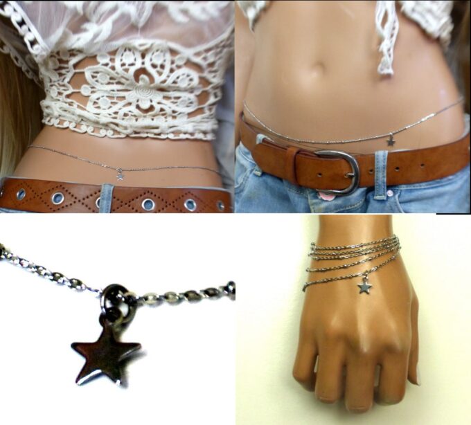 N6589c Chaine de taille acier inoxydable maille satellite pendentif étoile - Bijoux de corps en ligne Ninanina