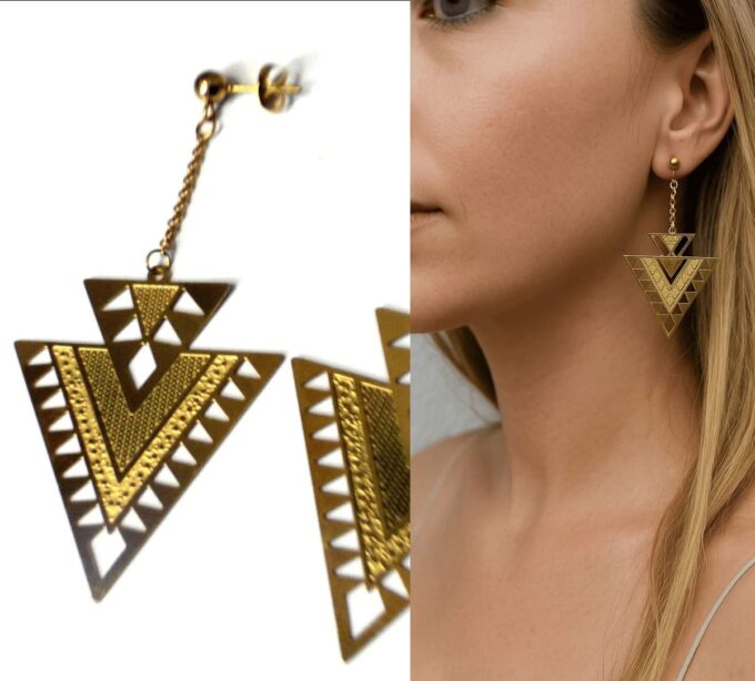 N6585 Boucles d'oreilles ethniques Acier inoxydable doré pendentif forme triangle - Bijoux d'oreille en ligne Ninanina