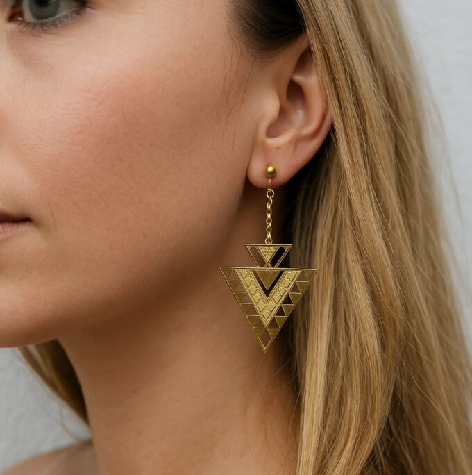 N6585a Boucles d'oreilles ethniques Acier inoxydable doré pendentif forme triangle - Bijoux d'oreille en ligne Ninanina