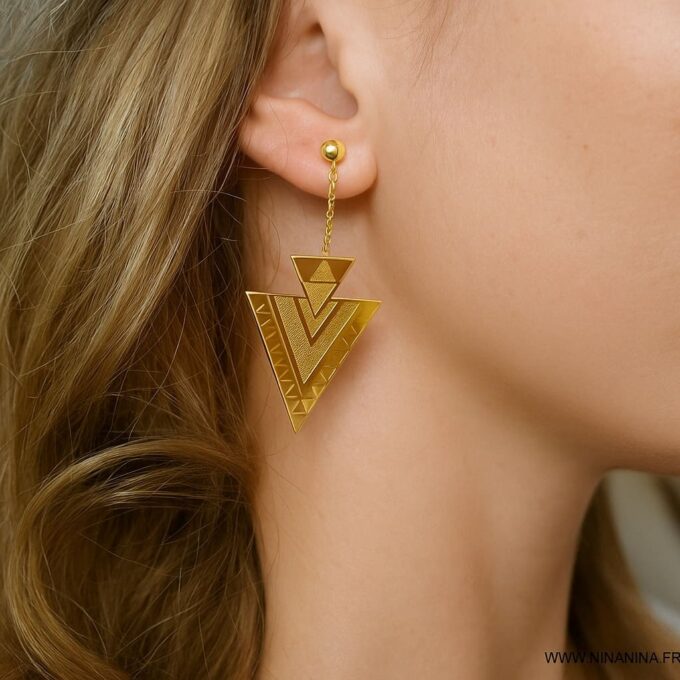 N6585b Boucles d'oreilles ethniques Acier inoxydable doré pendentif forme triangle - Bijoux d'oreille en ligne Ninanina