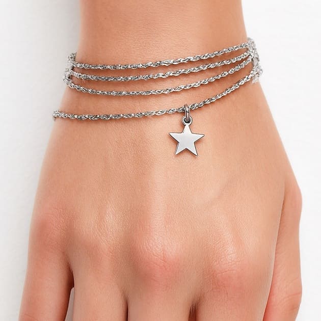 N6589b Chaine de ventre en acier inoxydable artisanale - Maille satellite avec charm étoile - Bijoux de corps en ligne Ninanina