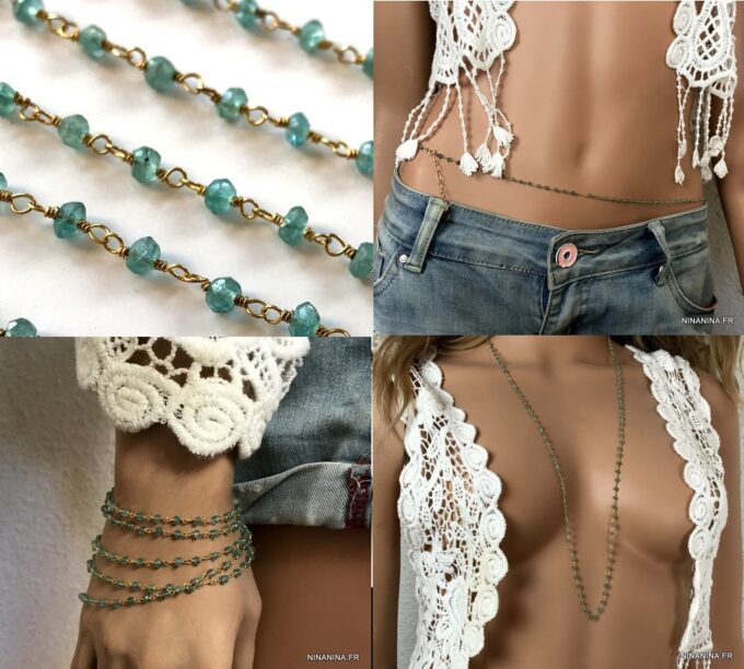 N6592 Chaine de taille perle topaze bleue et plaqué or pour femme - Bijoux de corps en ligne Ninanina