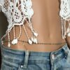 N6592a Chaine de taille perle topaze bleue et plaqué or pour femme - Bijoux de corps en ligne Ninanina