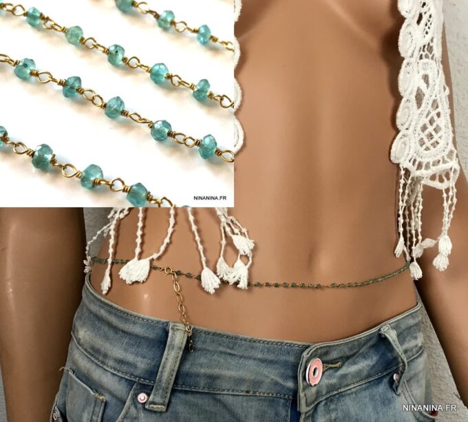 N6592b Chaine de taille perle topaze bleue et plaqué or pour femme - Bijoux de corps en ligne Ninanina