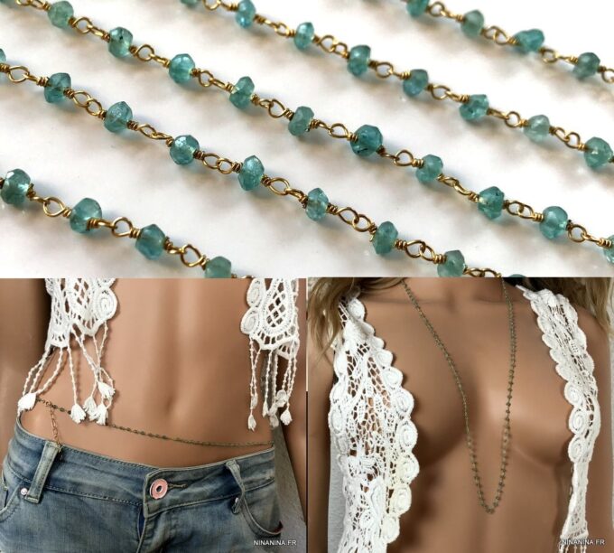 N6592d Chaine de taille perle topaze bleue et plaqué or pour femme - Bijoux de corps en ligne Ninanina