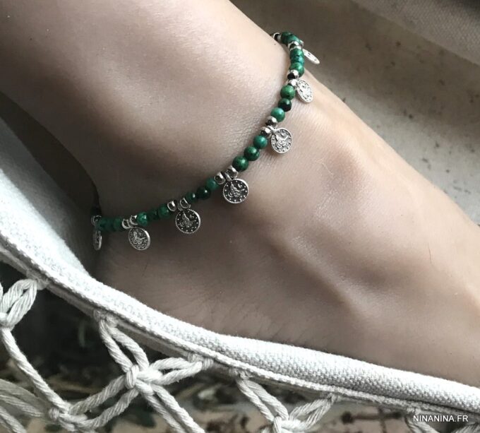 N6597b Bracelet pour cheville perles vertes chrysocolle naturelle verte - Bijoux de pied en ligne Ninanina