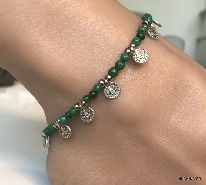 N6597d Bracelet pour cheville perles vertes chrysocolle naturelle verte - Bijoux de pied en ligne Ninanina