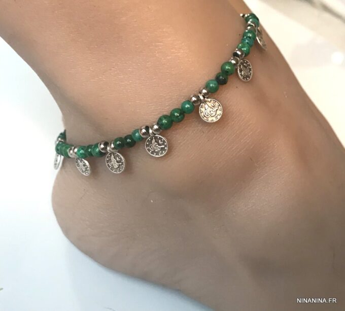 N6597f Bracelet pour cheville perles vertes chrysocolle naturelle verte - Bijoux de pied en ligne Ninanina