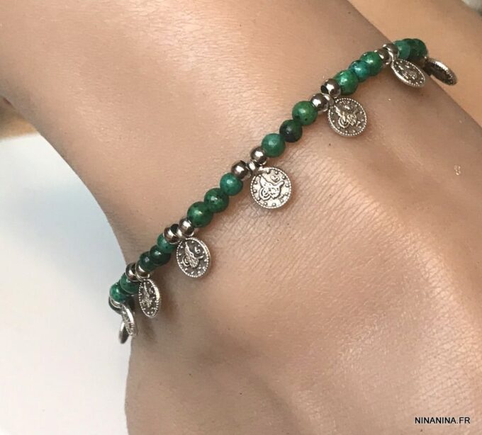 N6597h Bracelet pour cheville perles vertes chrysocolle naturelle verte - Bijoux de pied en ligne Ninanina