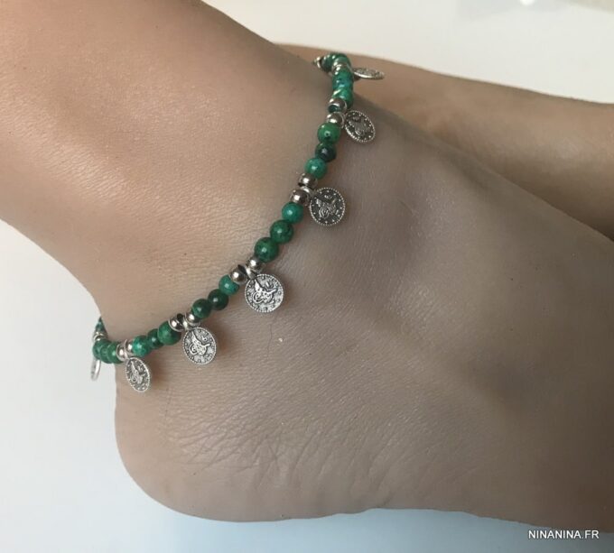 N6597j Bracelet pour cheville perles vertes chrysocolle naturelle verte - Bijoux de pied en ligne Ninanina