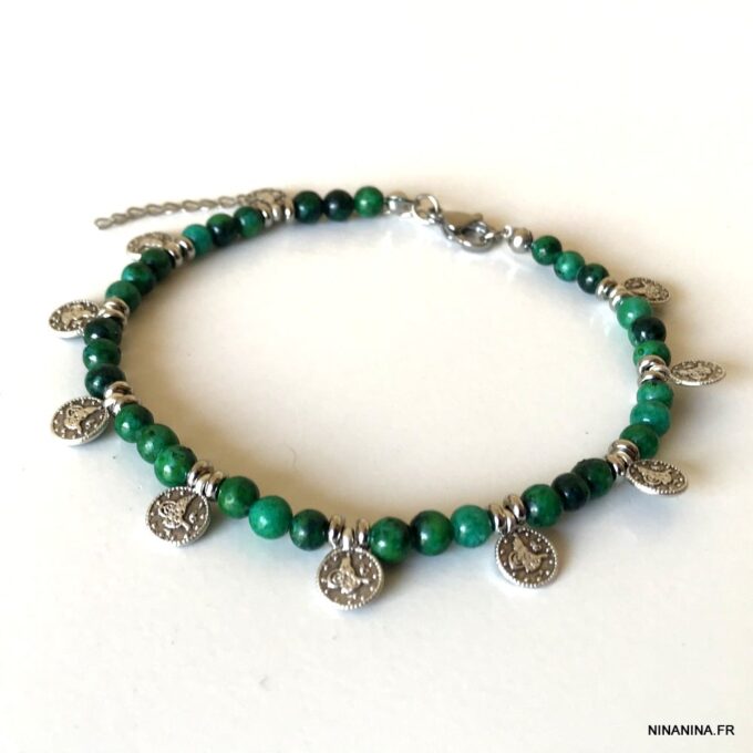 N6597k Bracelet pour cheville perles vertes chrysocolle naturelle verte - Bijoux de pied en ligne Ninanina