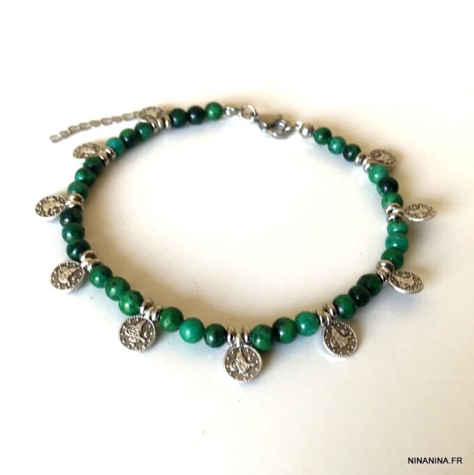 N6597l Bracelet pour cheville perles vertes chrysocolle naturelle verte - Bijoux de pied en ligne Ninanina